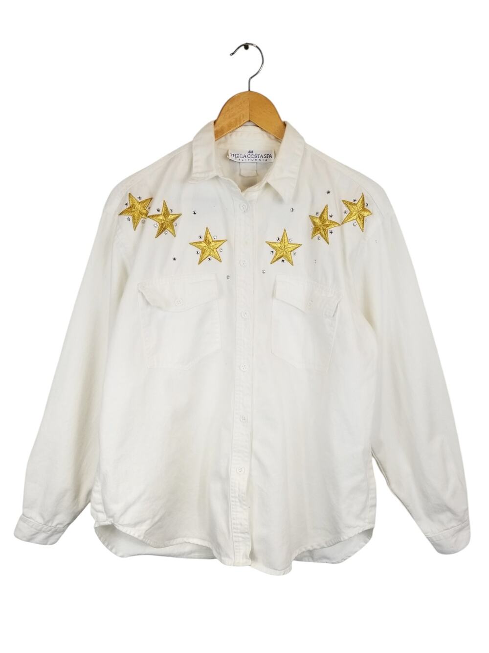 Vintage 100% Cotton Gold Star Embroidered Button Up Shirt White Womens Large